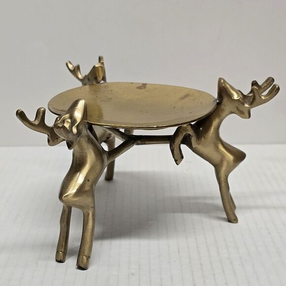 Vintage Brass Deers Candle Holder Set 3 Reindeers Holding Tray MCM - Picture 3 of 8